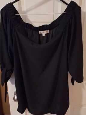 LOFT Black Scoop-Neck Tie-Sleeve Blouse